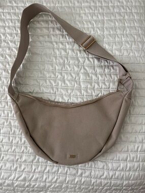 Taupe Crescent Crossbody Bag with Gold Hardware